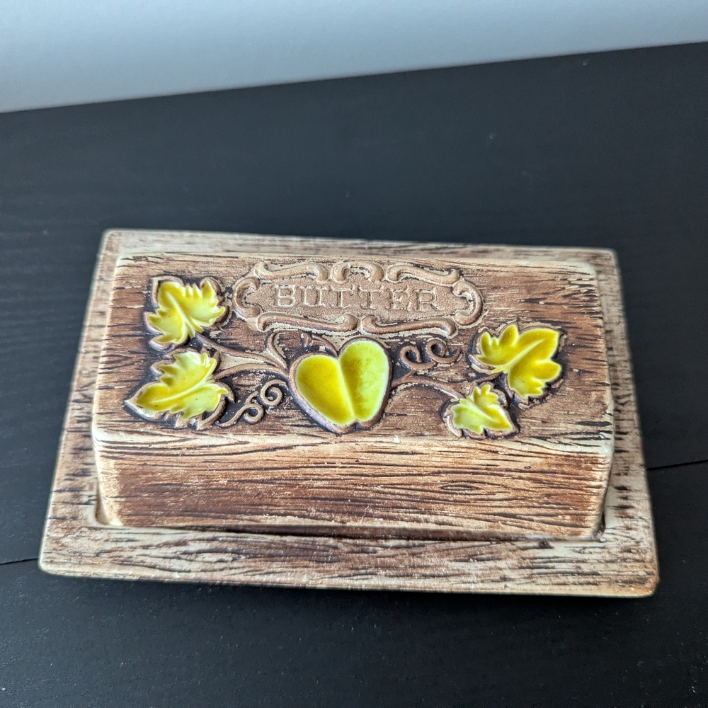 Vintage Treasure Craft USA Butter Dish Yellow Apple Design Faded Ceramic